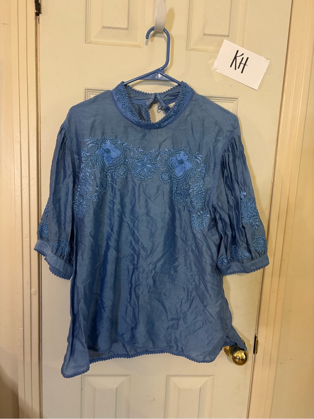 Blue Embroidered Women's Peasant Blouse - Relaxed Fit